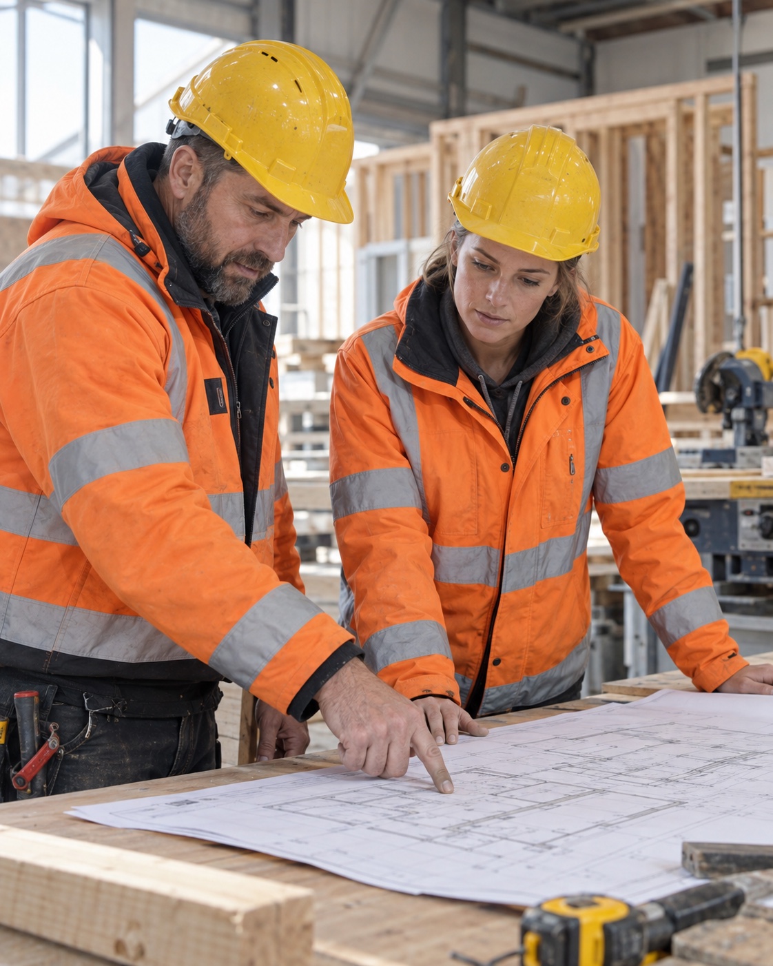 Construction professionals reviewing a site plan